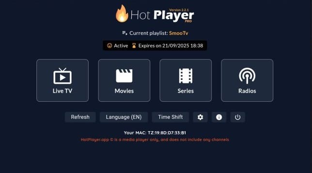 HOT IPTV Player Startbildschirm mit aktiver Playlist