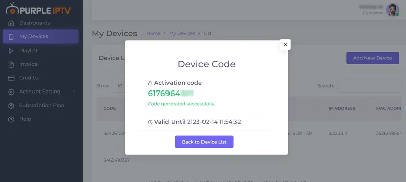 Generierter Gerätecode - Schritt-für-Schritt-Anleitung Purple Player