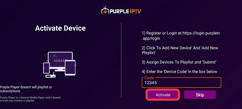 Gerätecode aktivieren - Schritt-für-Schritt-Anleitung Purple Player